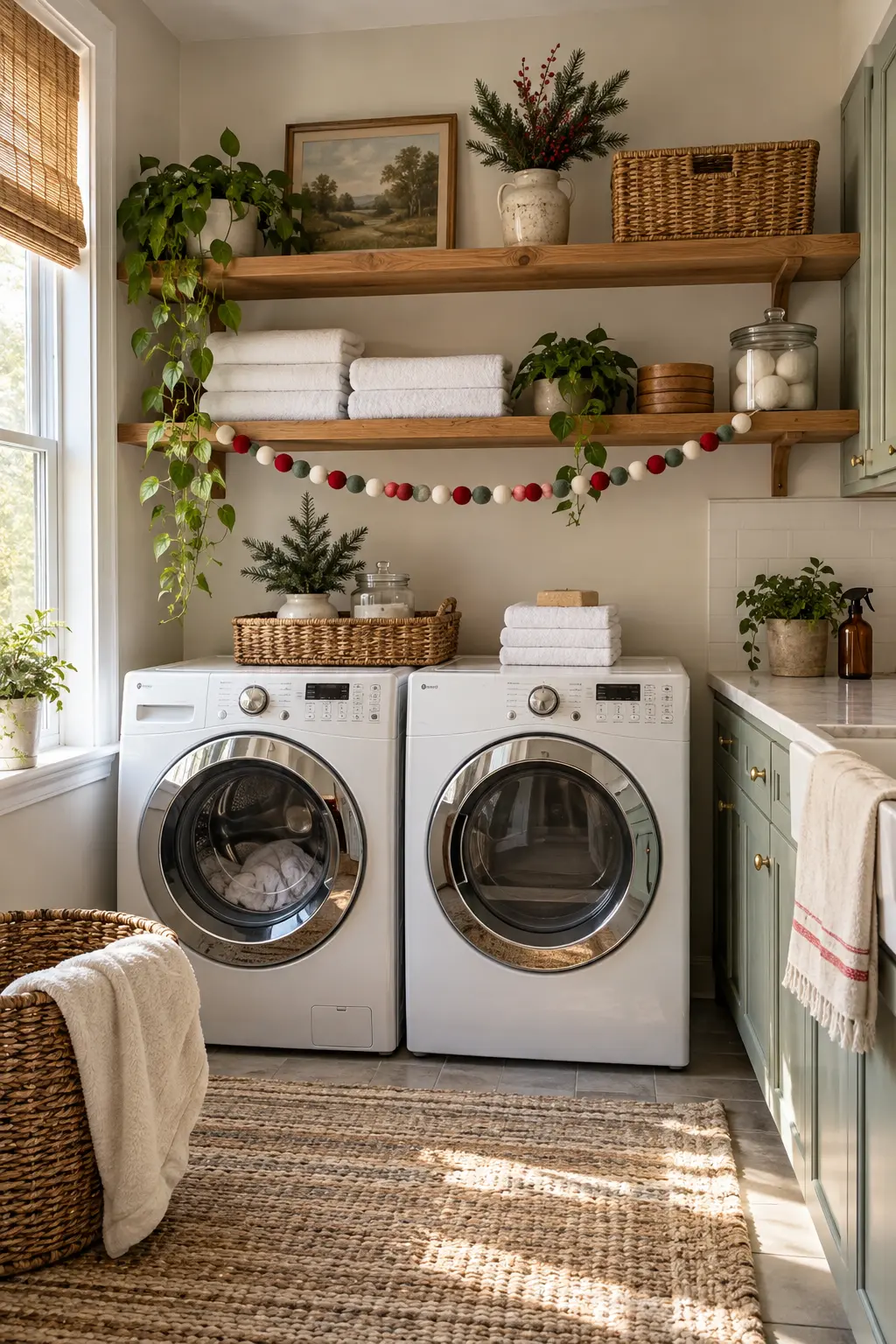 Open laundry shelf with a short felted wool ball garland in muted red green and cream, white towels, and wood baskets