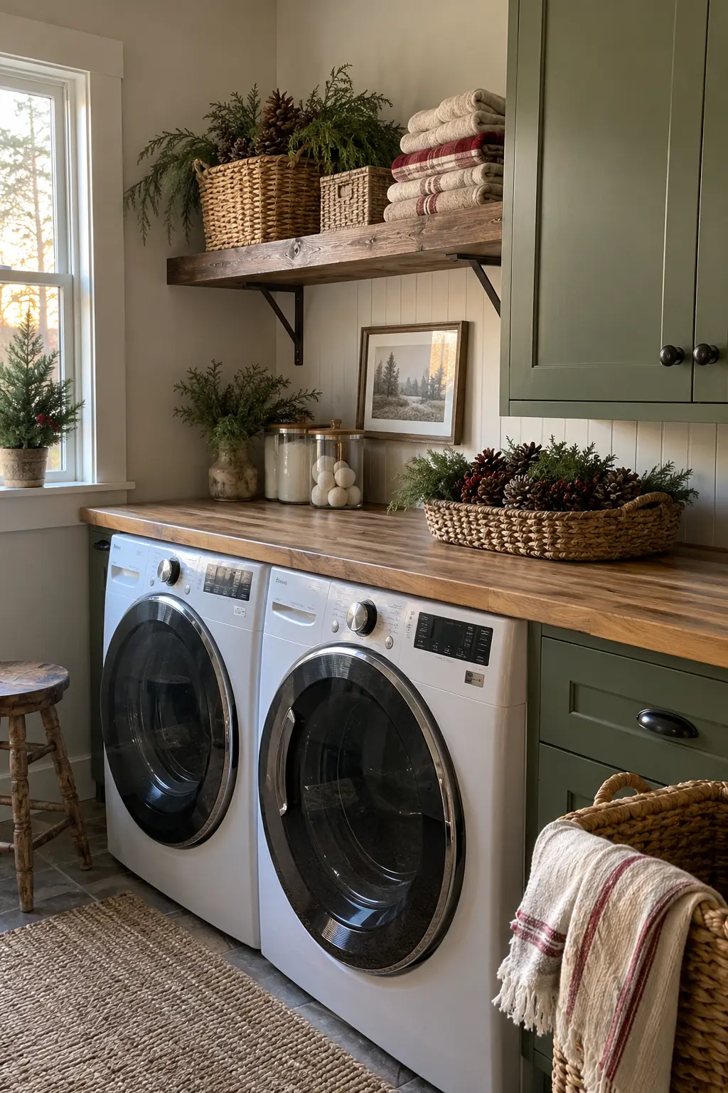 Laundry room upper shelf with a low woven basket of clean pinecones and cedar beside practical storage