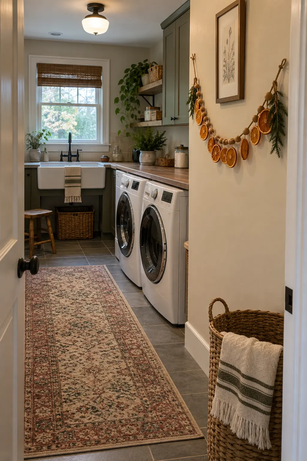 Laundry room side wall with a short dried orange and wood bead garland, far from washer dryer and utility sink