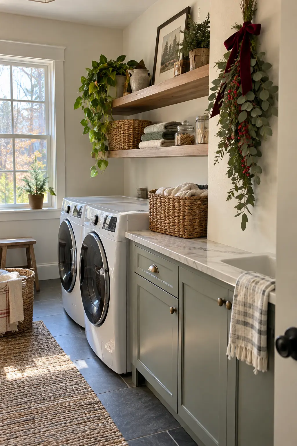 Laundry room wall with a restrained eucalyptus and muted red berry swag tied with velvet ribbon