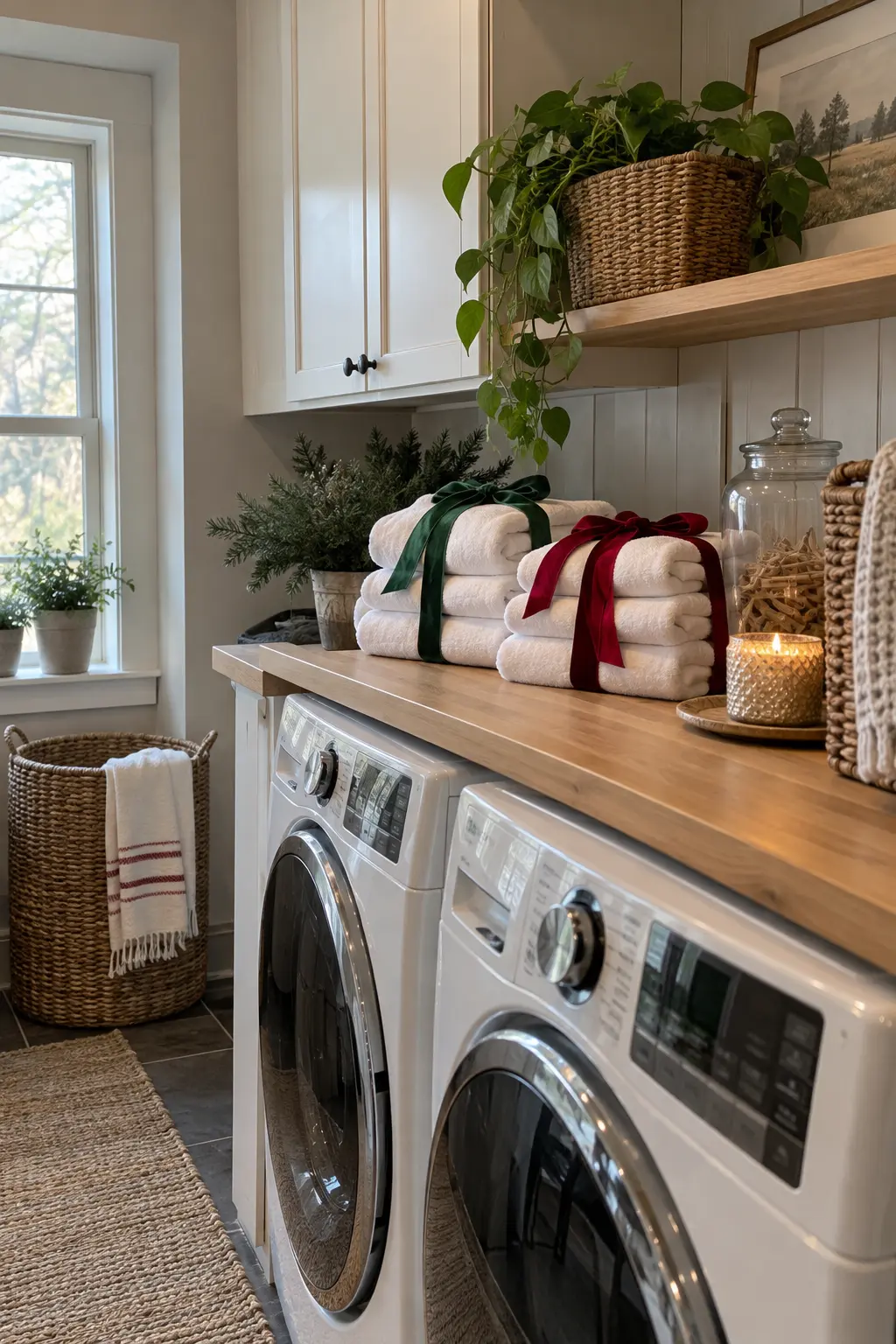 Laundry shelf with folded guest towels stacked like simple parcels and tied loosely with removable green and cranberry ribbons