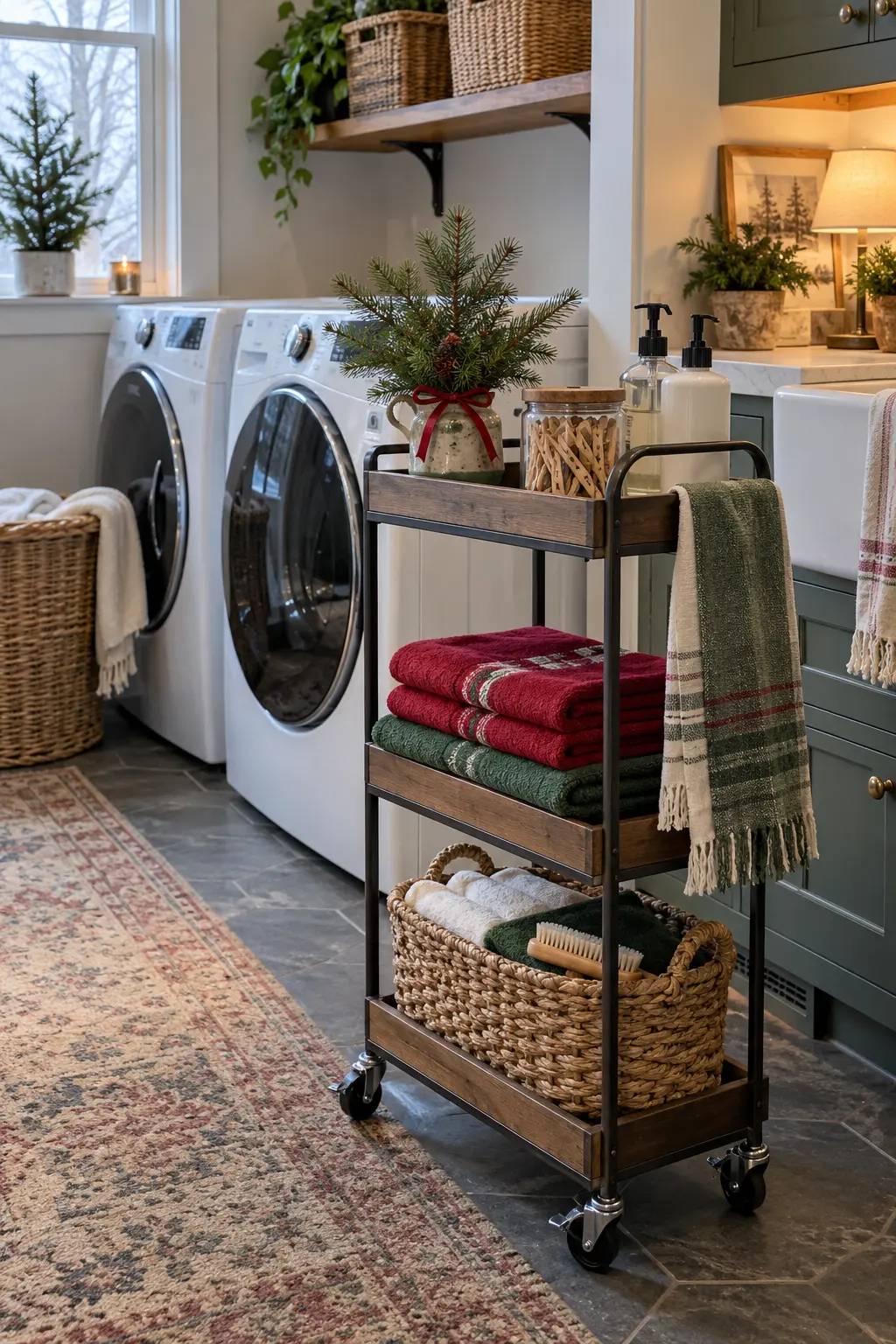 Slim rolling laundry cart with practical supplies, folded red and green cloths, a tiny secured evergreen clipping, and locked casters