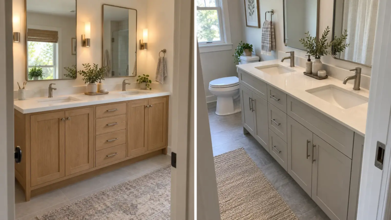 Two realistic double-sink bathrooms with warm oak and compact greige vanities