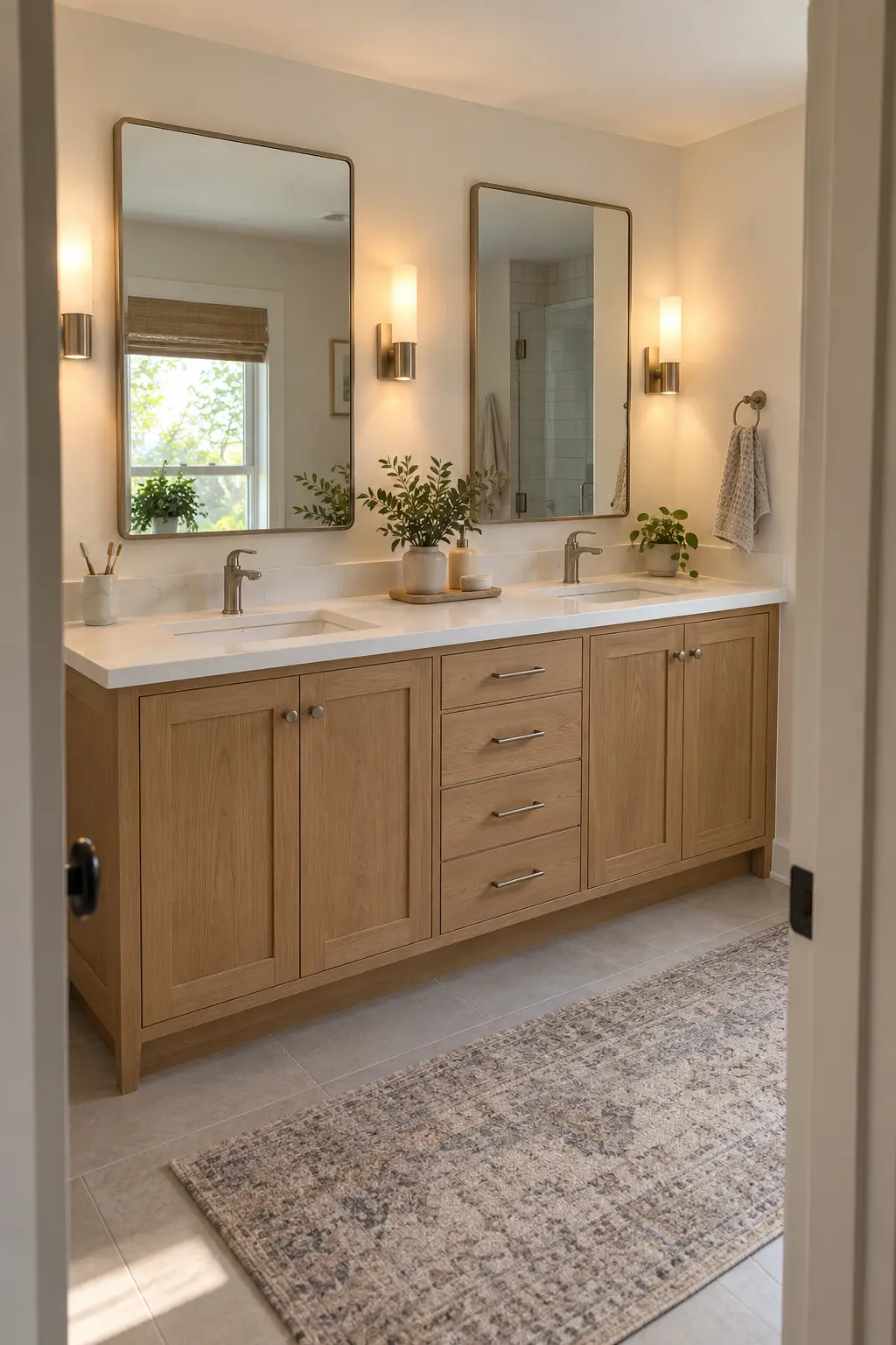 Warm oak 72-inch double vanity with two undermount sinks and balanced mirrors
