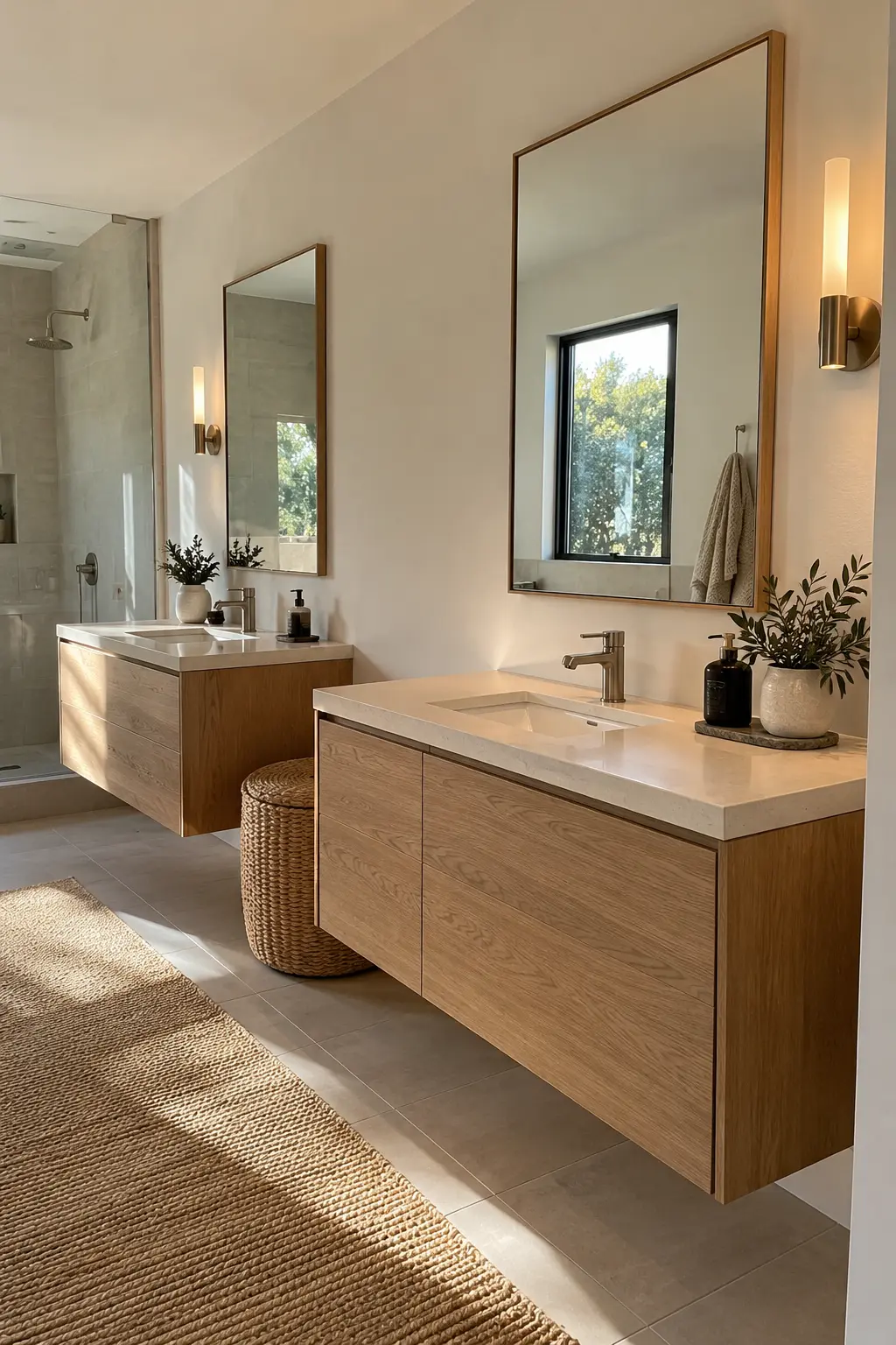 Two separate floating oak vanities with open floor space between them
