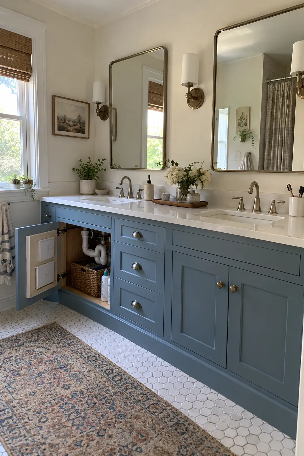 Wall-to-wall blue double vanity fitted neatly between two bathroom walls