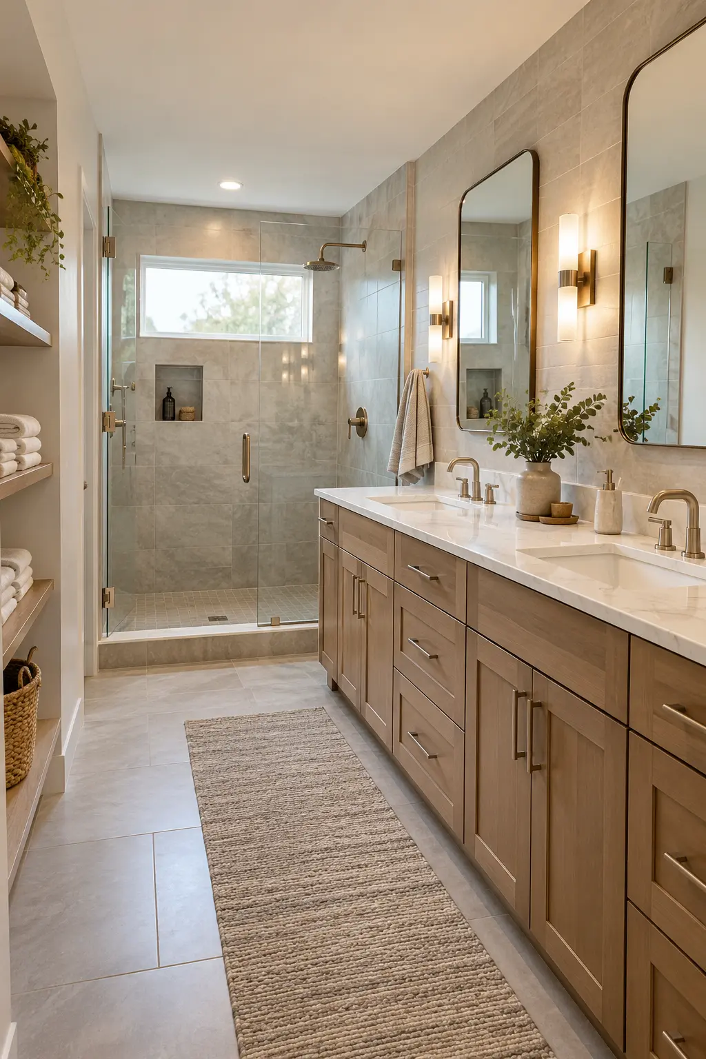Double vanity arranged along one plumbing wall beside a glass shower