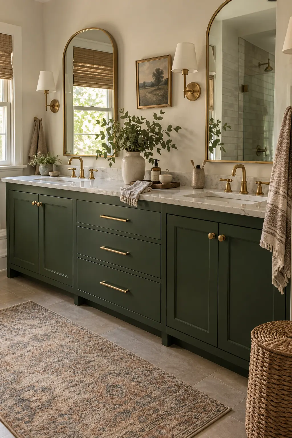 Asymmetrical double vanity with offset sinks and wide usable drawers