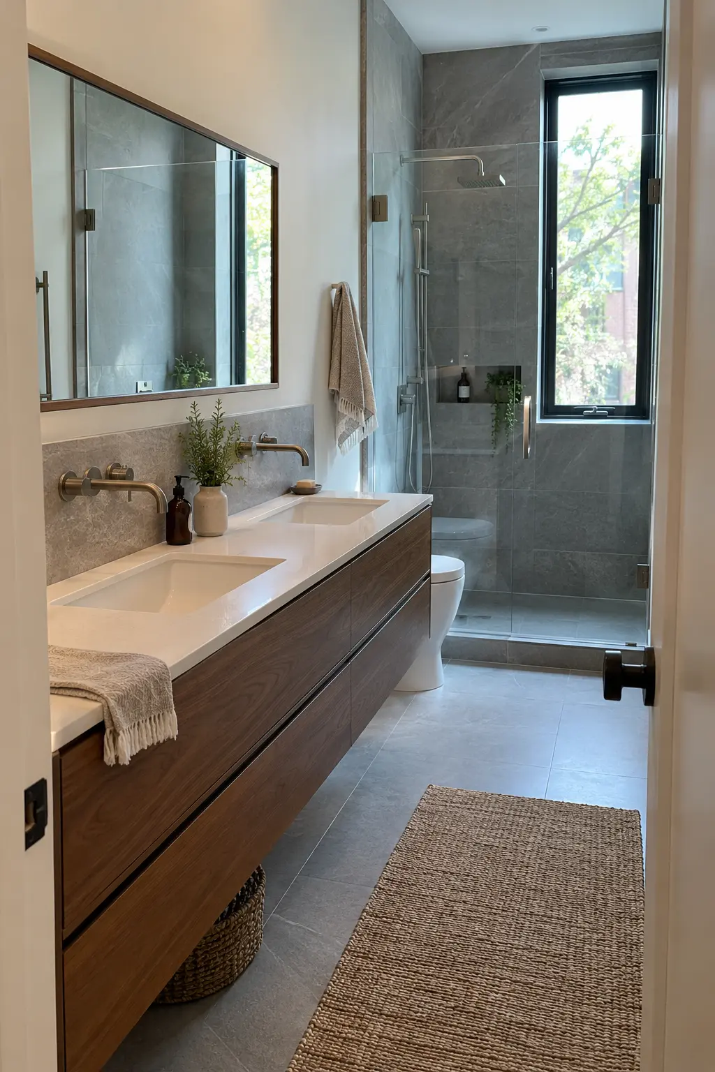 Shallow double vanity with wall-mounted faucets in a narrow bathroom
