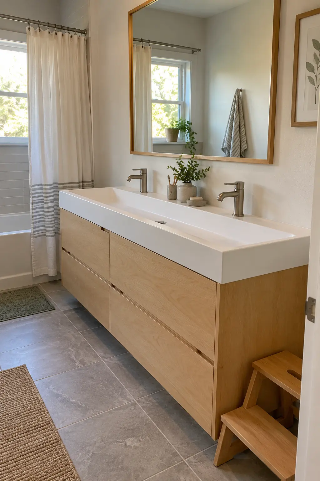 Long white trough basin with two faucets on a simple double vanity