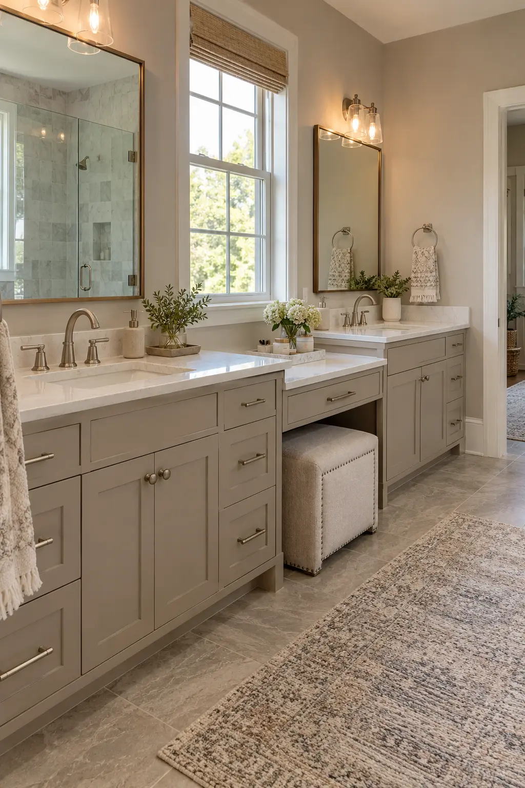 Double vanity with a lower seated grooming counter between two sinks