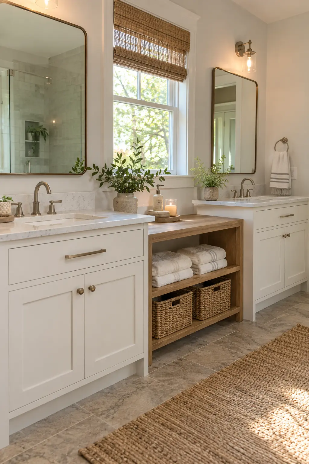 Two sink cabinets connected by an open oak towel shelf