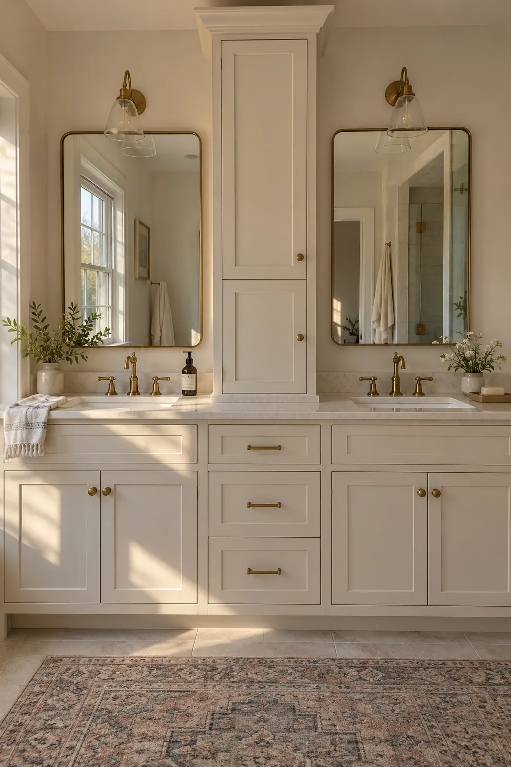 Double vanity with a slim center tower dividing two mirror zones
