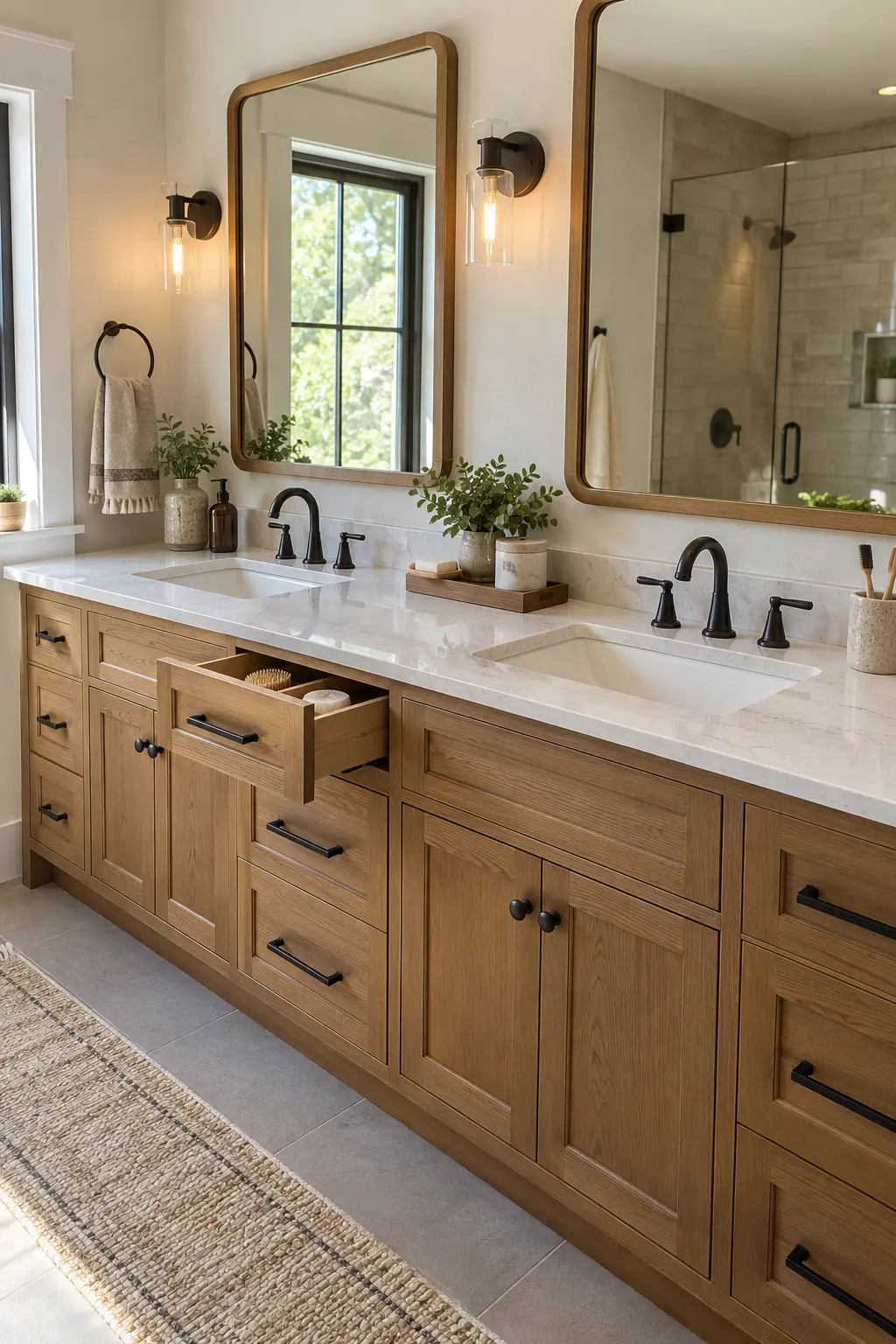 Double vanity with separate drawer stacks beside each sink