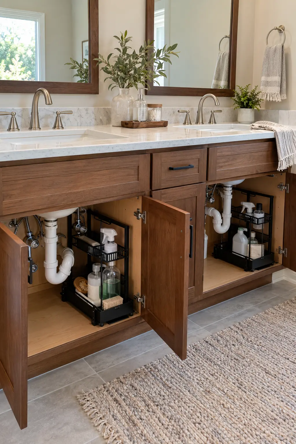 Open double vanity cabinet with pull-out organizers fitted around plumbing