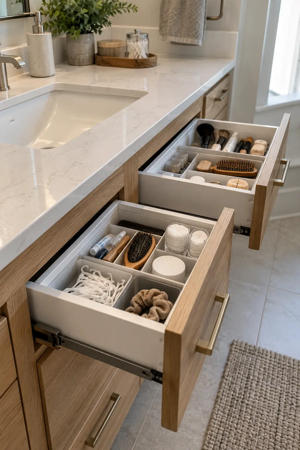 Organized shallow vanity drawers for two separate daily routines