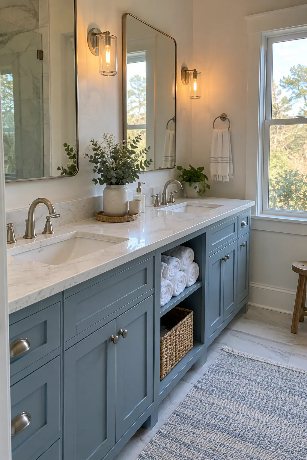 Double vanity with a central open cubby holding rolled hand towels