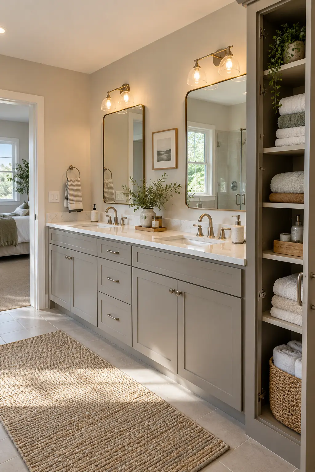 Double vanity ending in a tall linen cabinet with clear door clearance