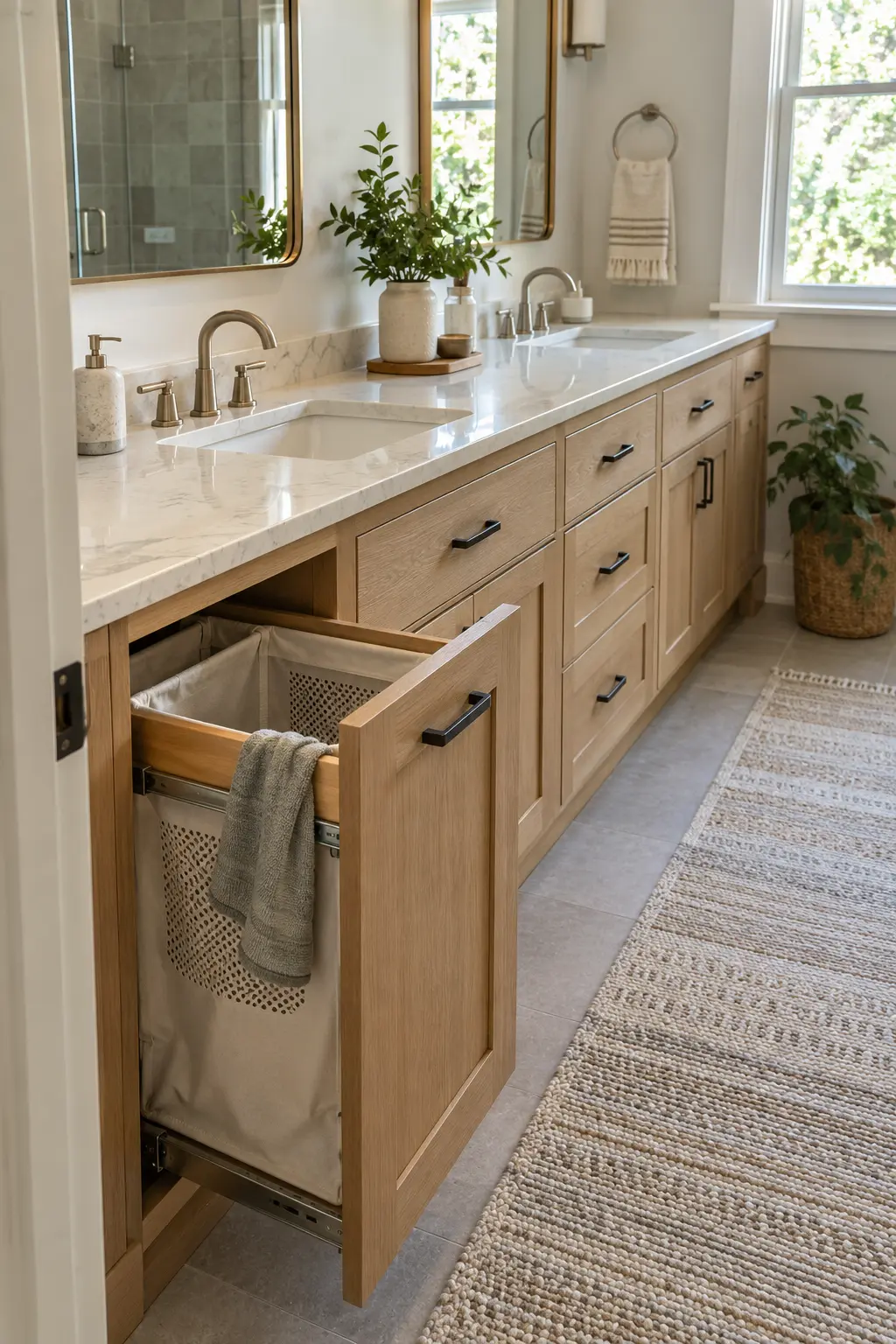 Double vanity with a pull-out laundry hamper at the outer end