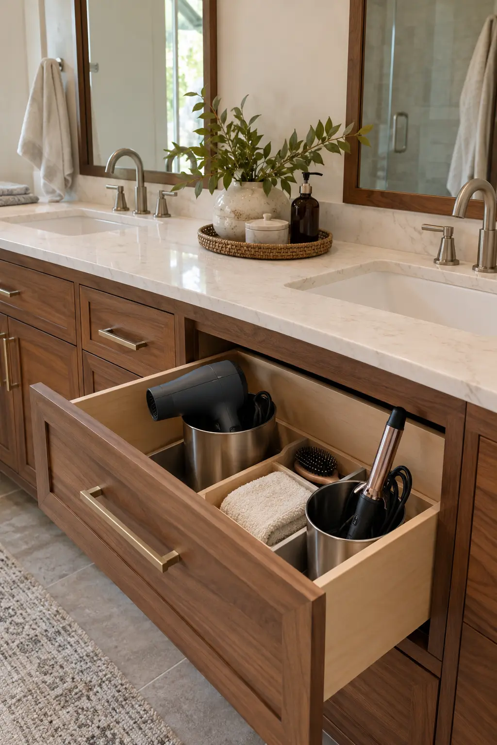 Vanity drawer with metal hair-tool cups and neatly routed cords