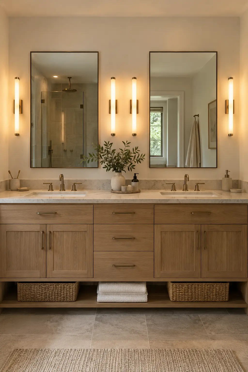 Two vanity mirrors framed by four slim side sconces