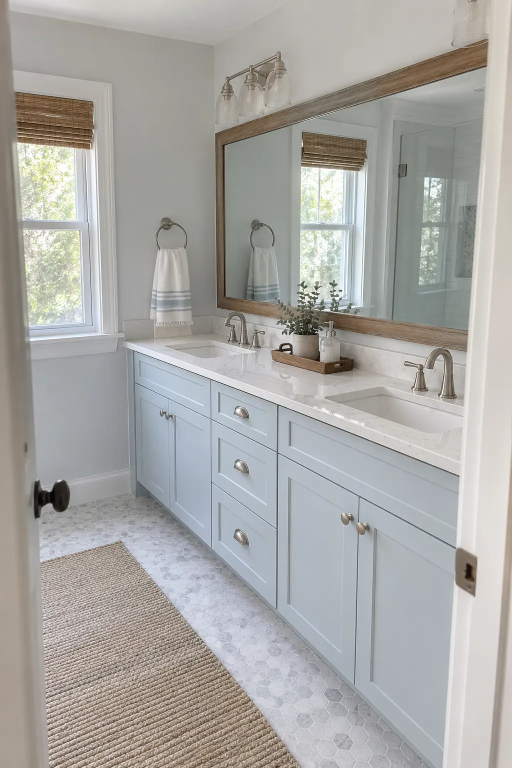One wide mirror spanning a compact double vanity