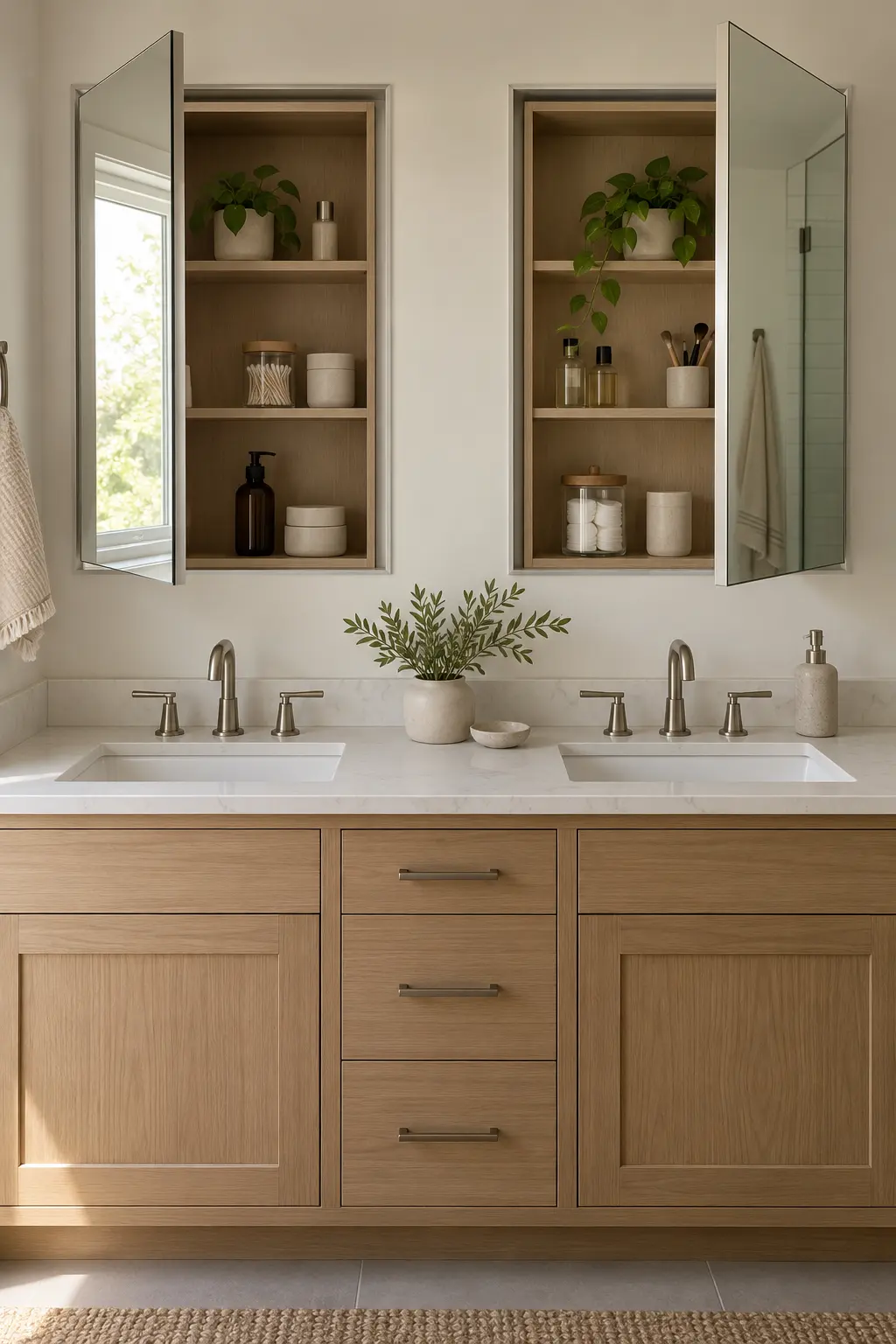 Two recessed medicine cabinets above a double sink vanity