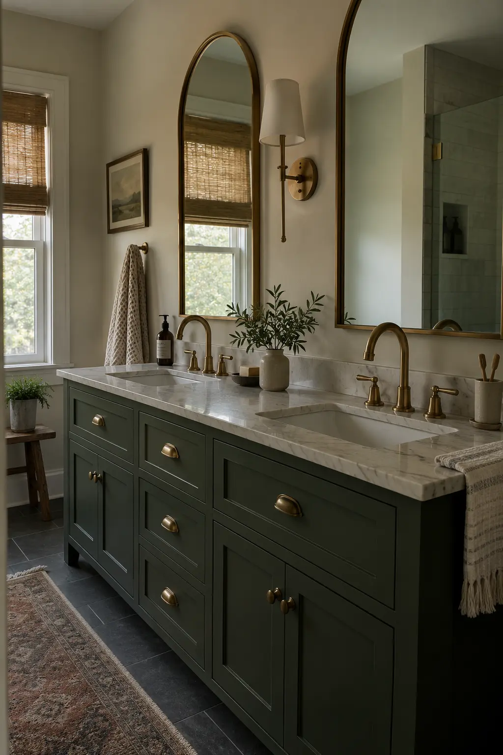 Two arched brass mirrors above a dark green double vanity