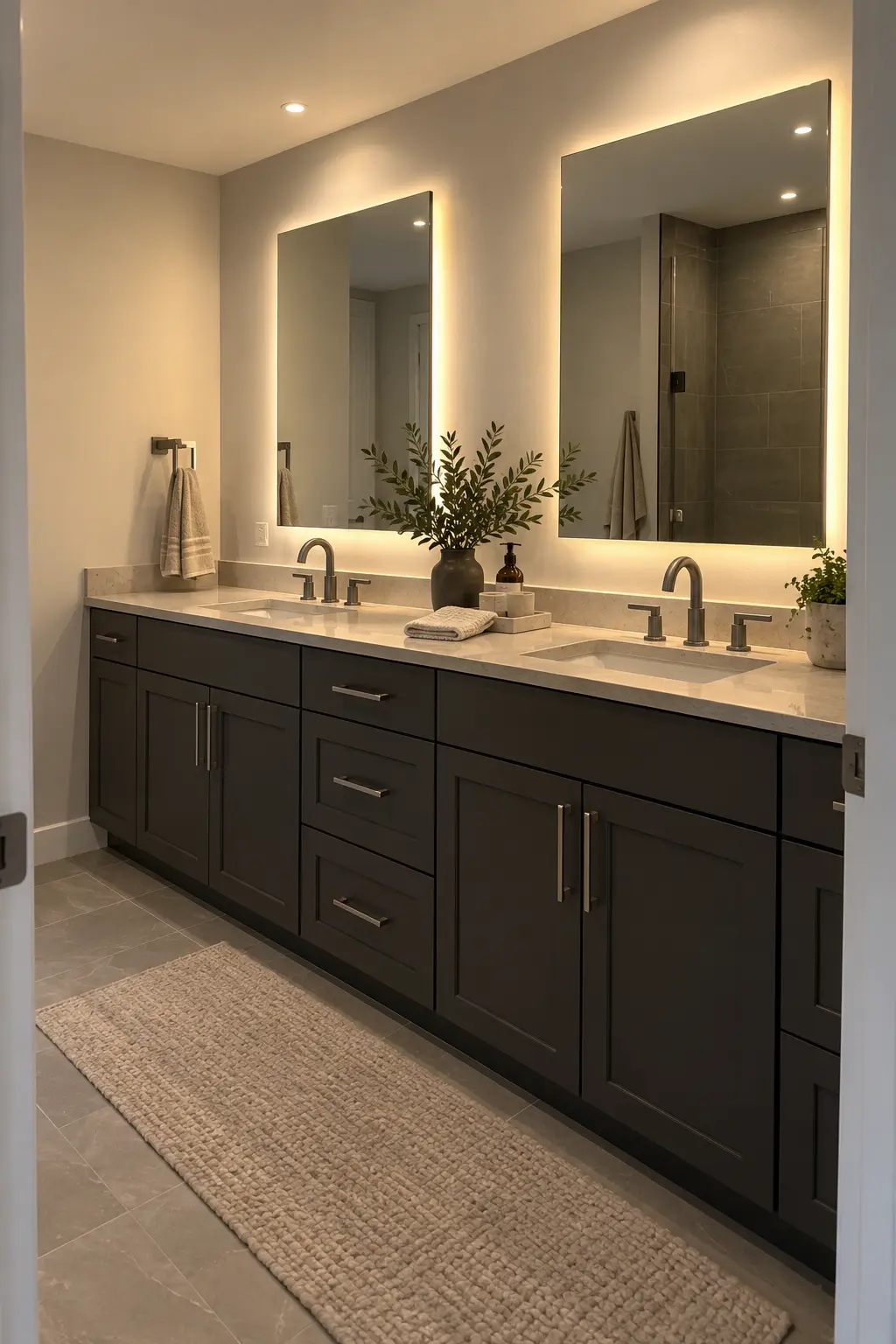 Two softly backlit mirrors in a windowless double vanity bathroom