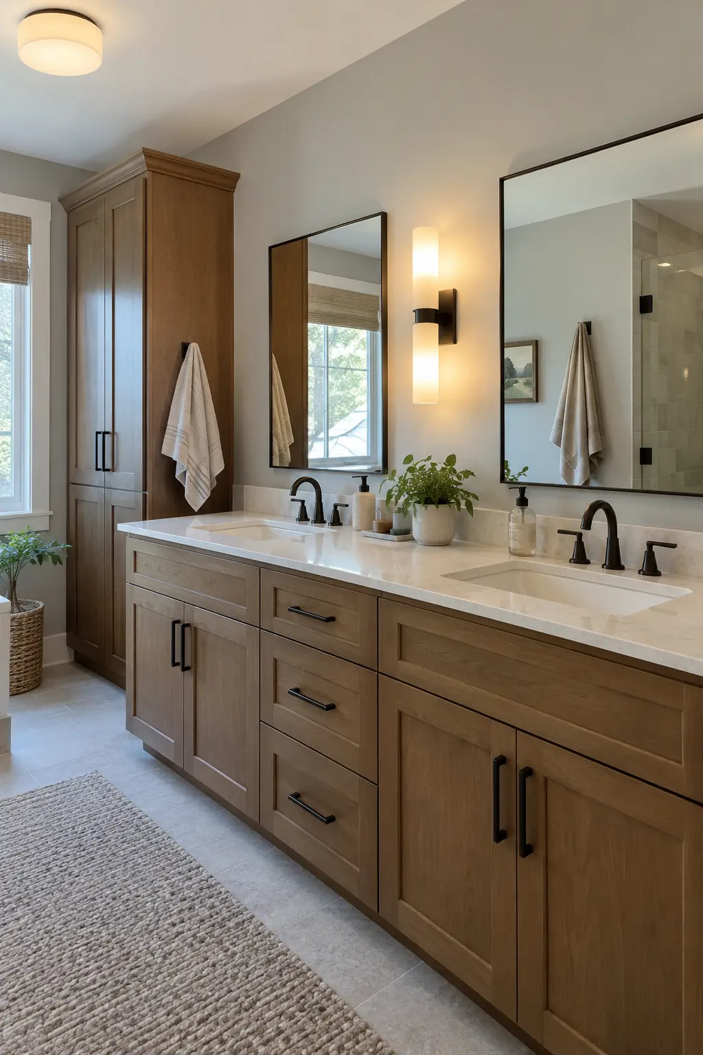 Double vanity with one centered wall light between two mirrors