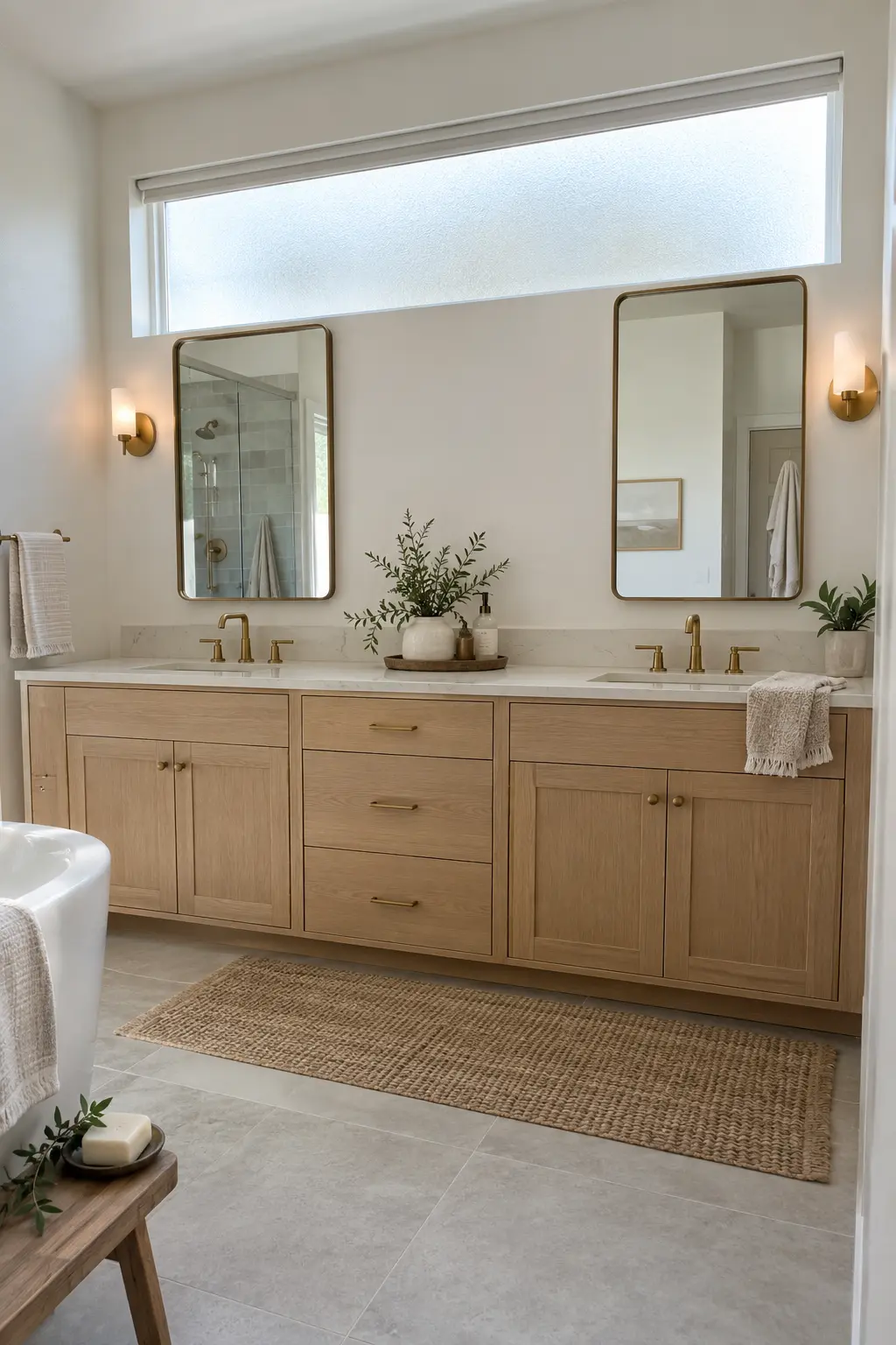 Double vanity beneath a high frosted bathroom window