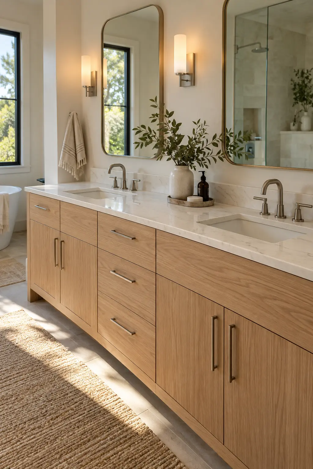 White oak double vanity with lightly veined quartz and simple hardware