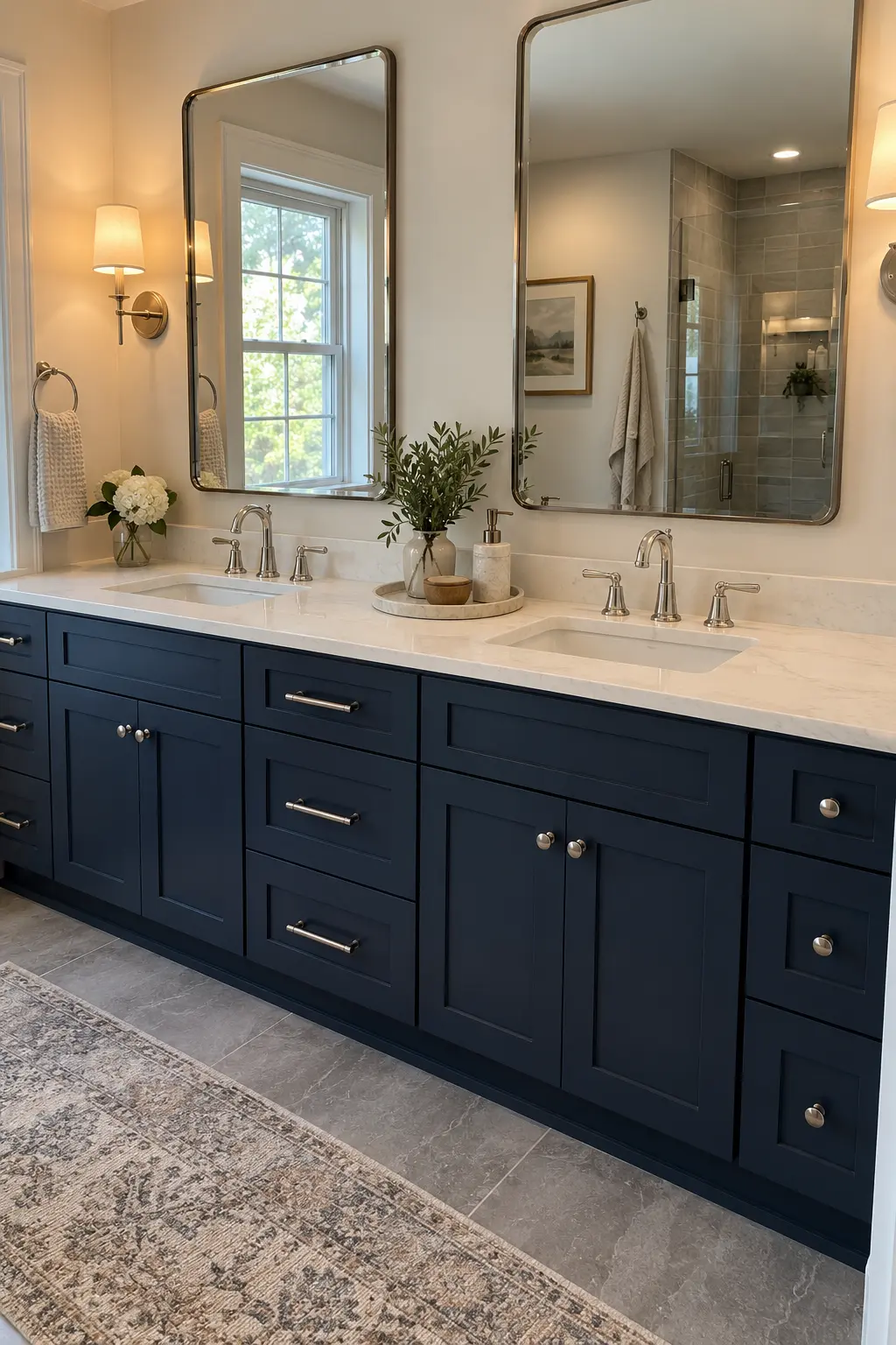 Navy double vanity with white quartz and polished nickel fixtures