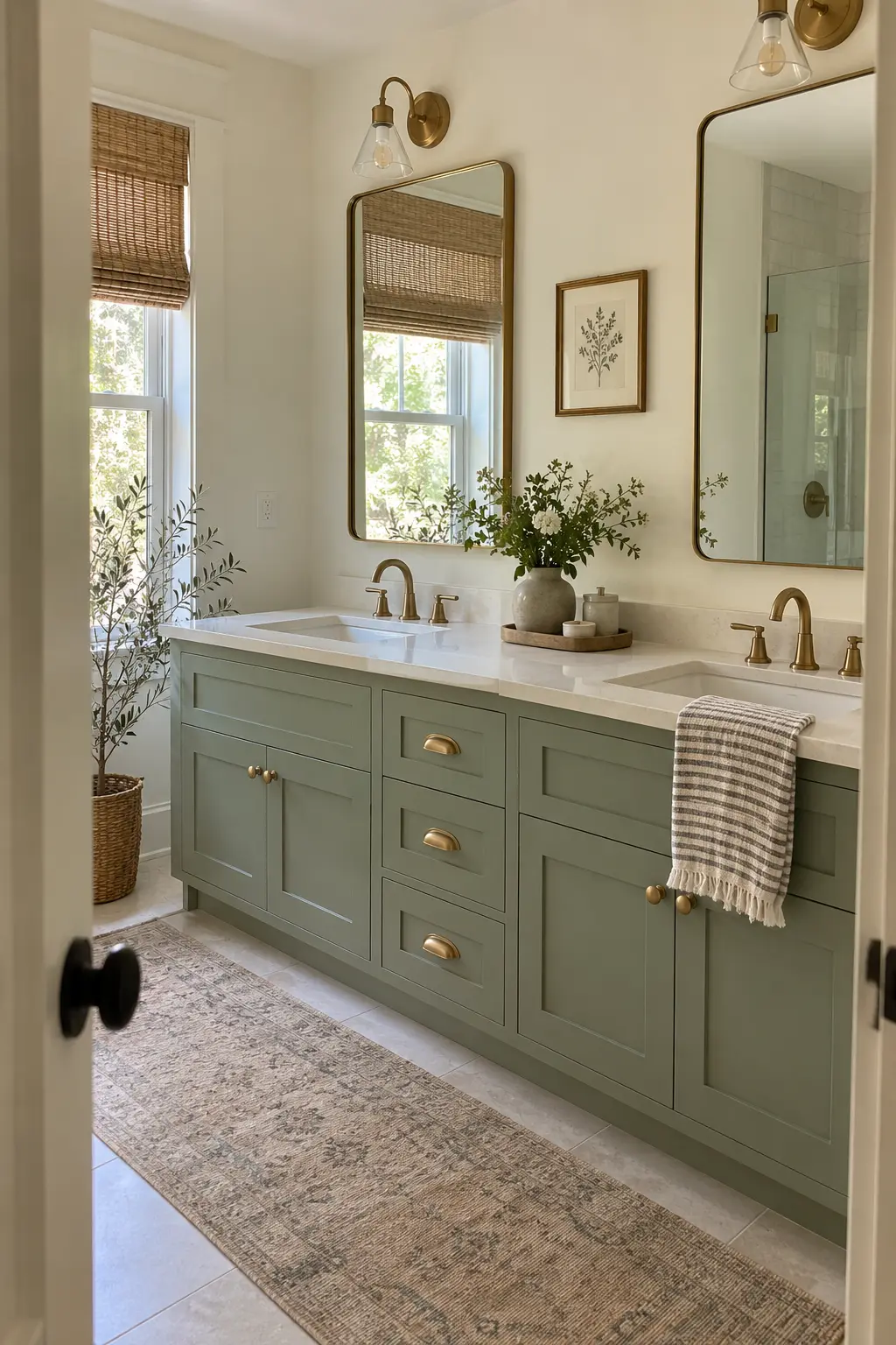 Sage green double vanity with aged brass hardware and cream stone