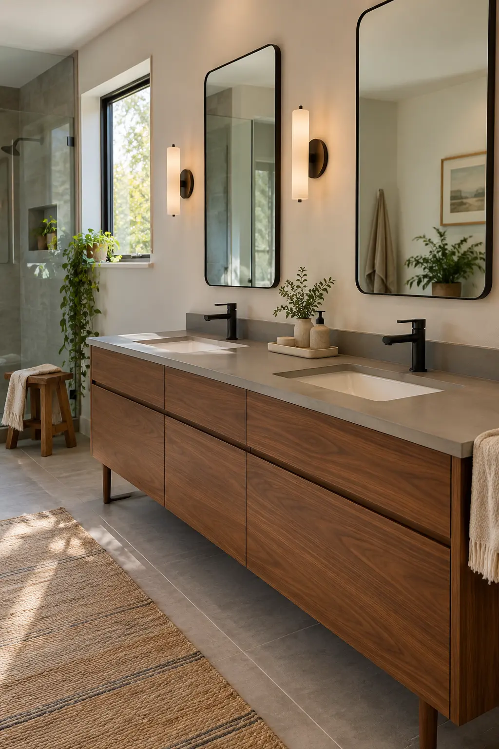 Walnut double vanity with soft gray concrete-look quartz