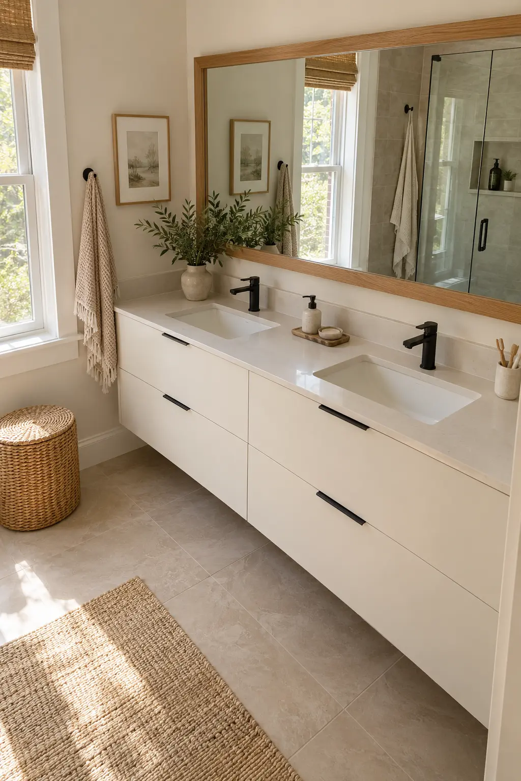 White slab-front double vanity with thin black hardware