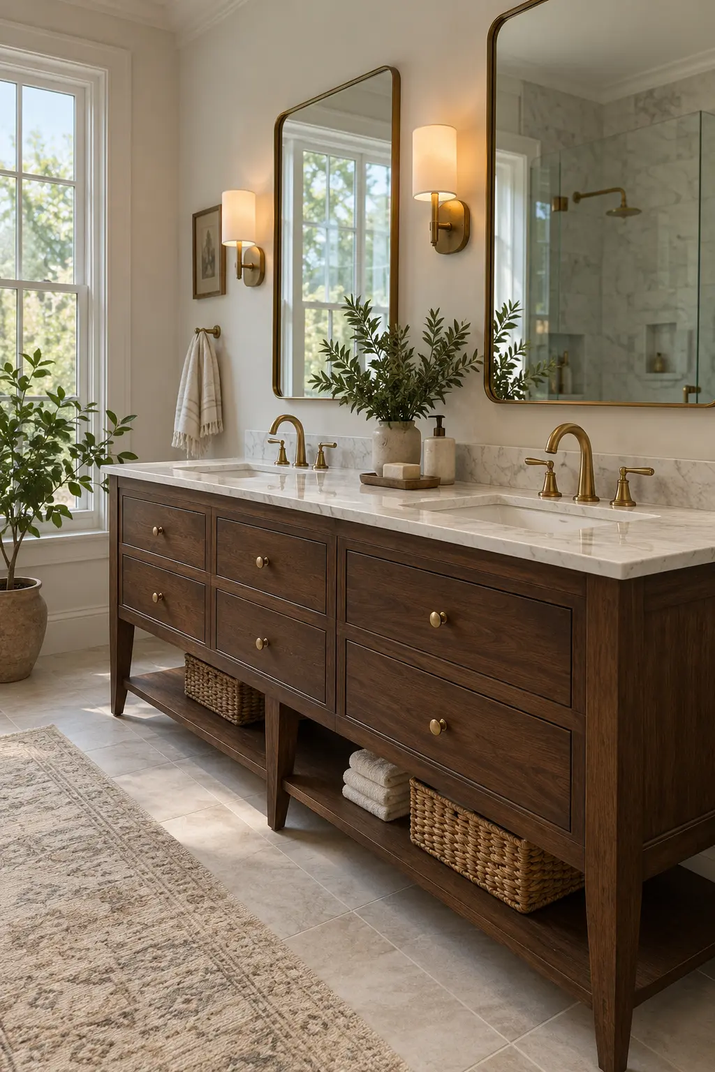 Furniture-style double vanity on tapered legs with visible floor