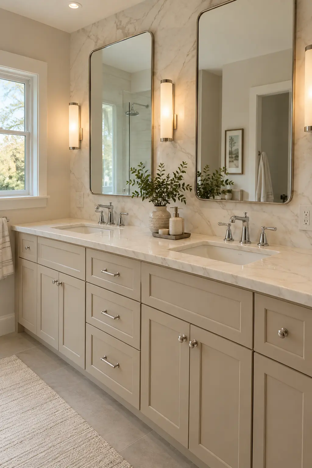 Double vanity with a continuous marble-look porcelain slab backsplash