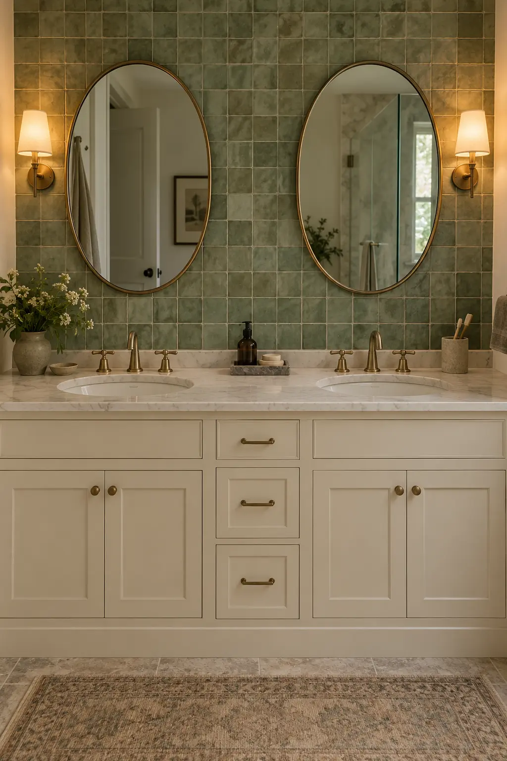 Double vanity with a softly varied green handmade-look tile backsplash