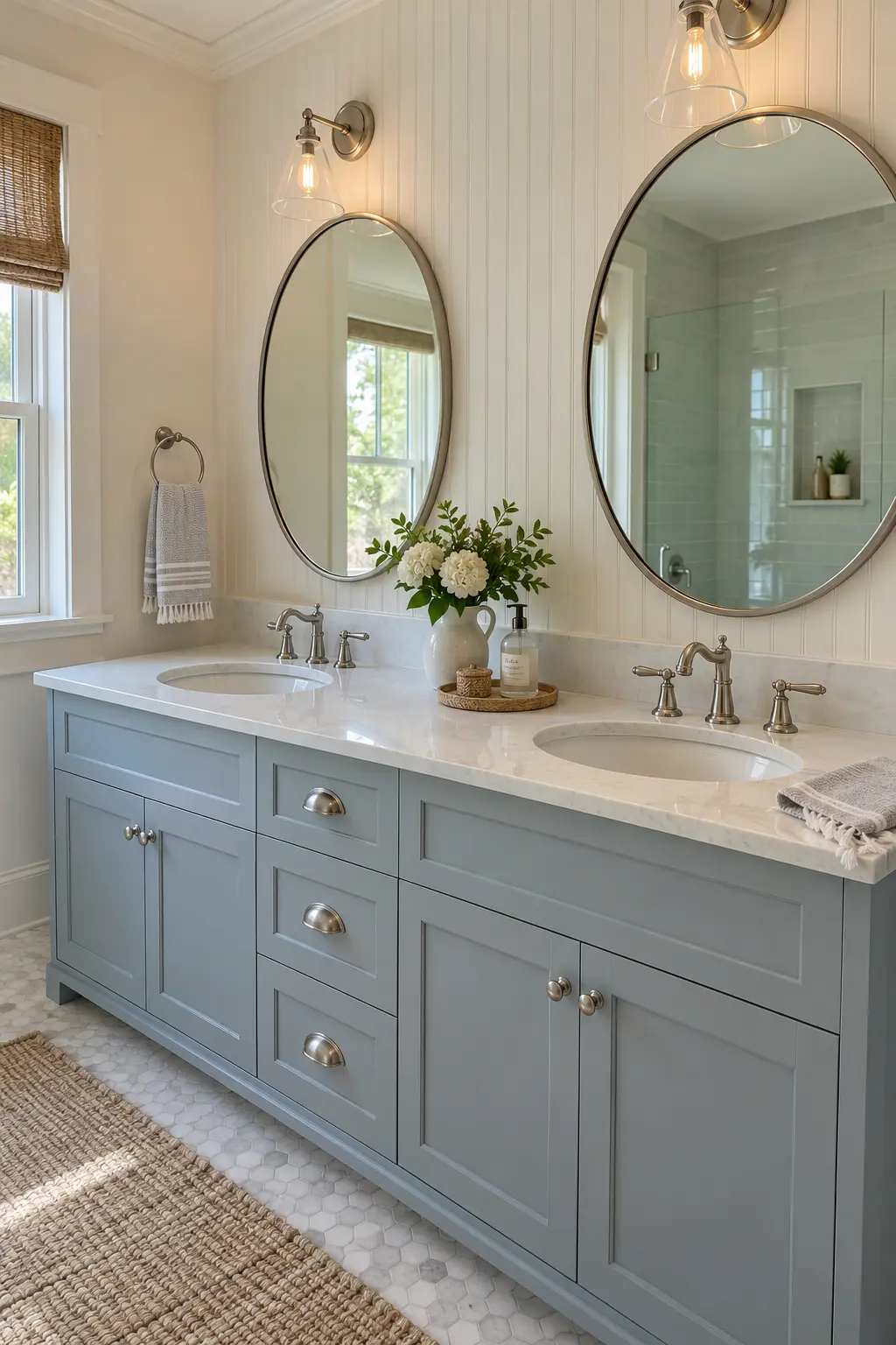 Double vanity with a stone splashback and painted beadboard above