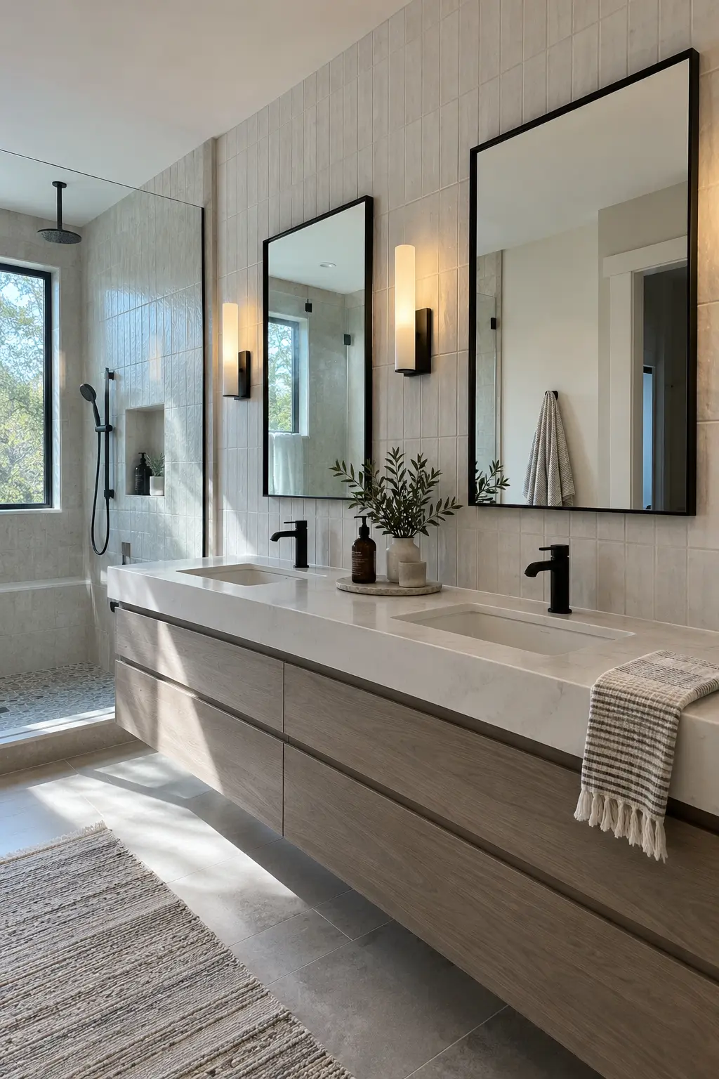 Double vanity set against full-height textured ivory tile