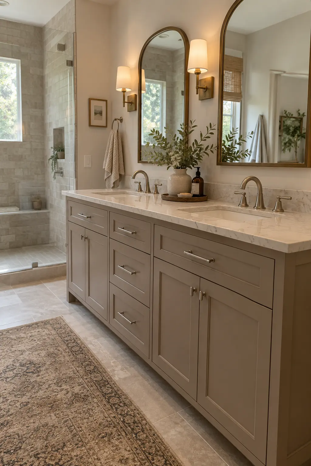 Double vanity combining brushed nickel faucets with aged brass lighting