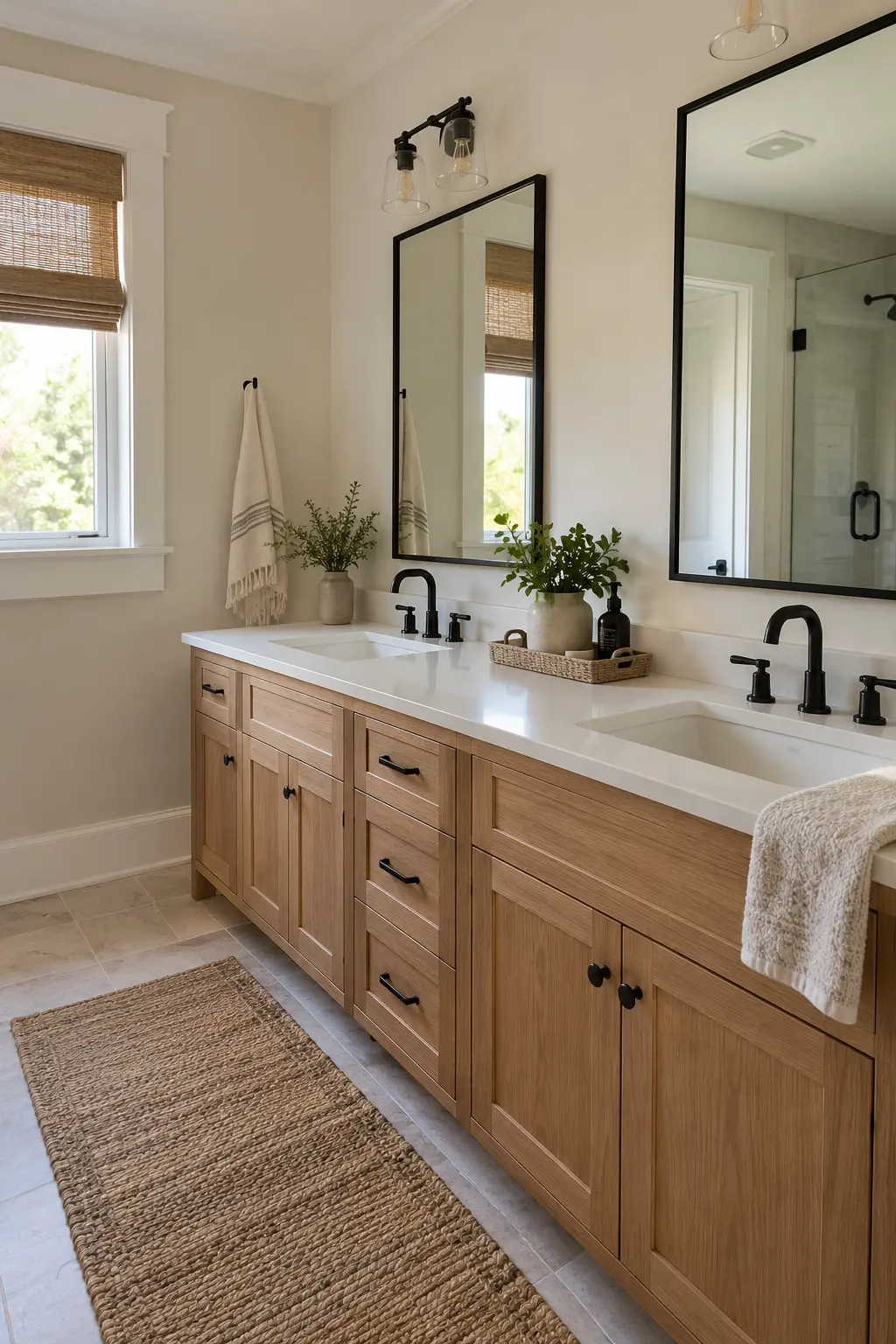 Refined farmhouse double vanity in natural oak with simple mirrors