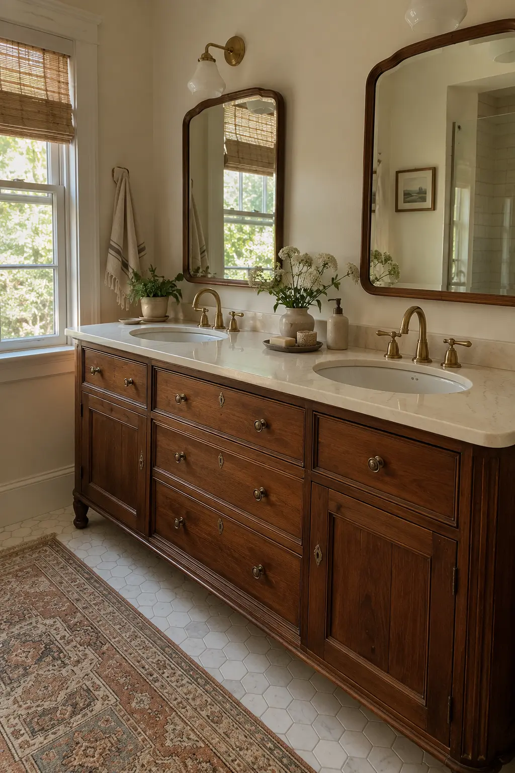 Wide vintage dresser converted into a two-sink bathroom vanity