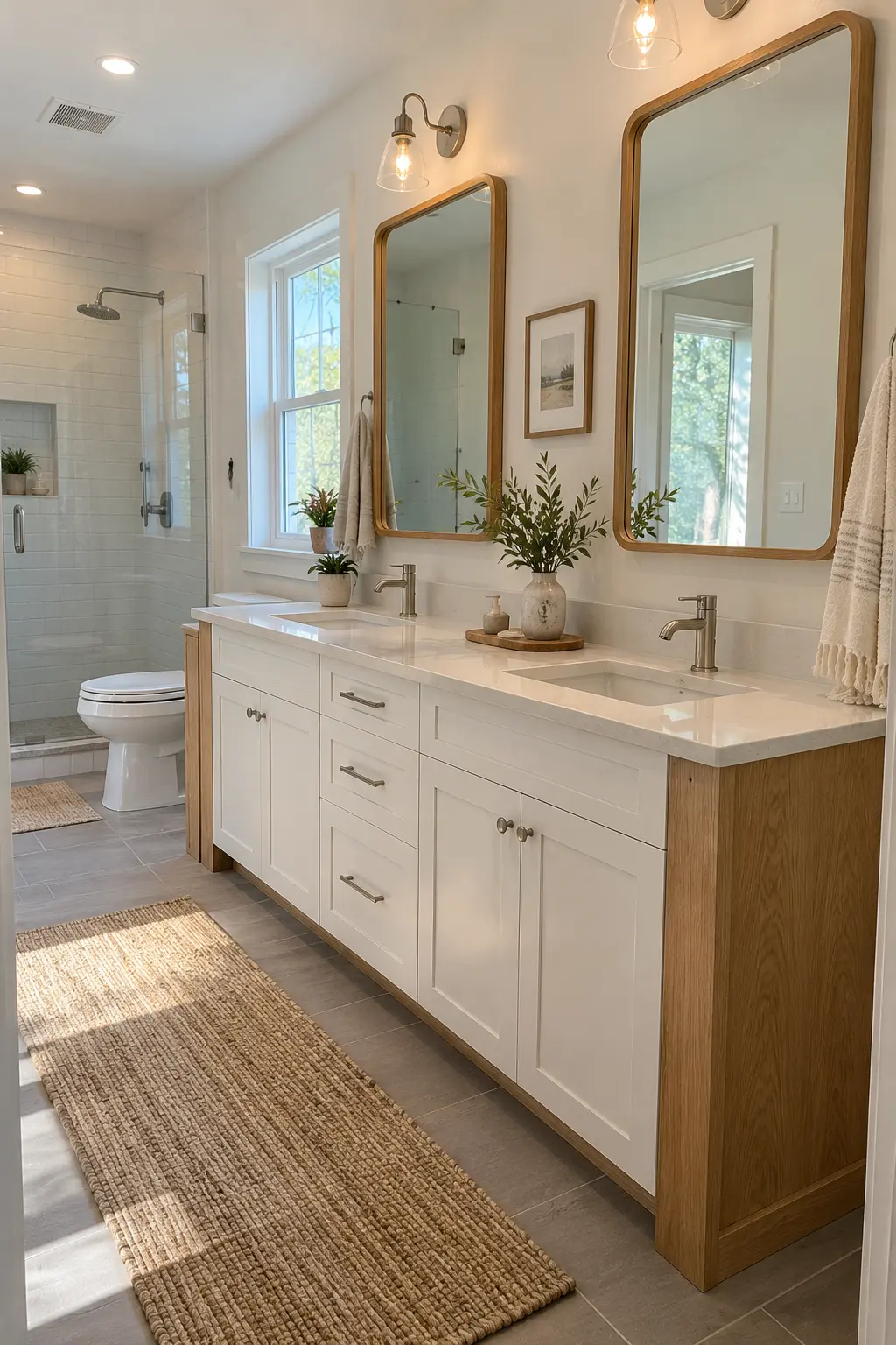 Double vanity assembled from stock cabinets with a continuous countertop