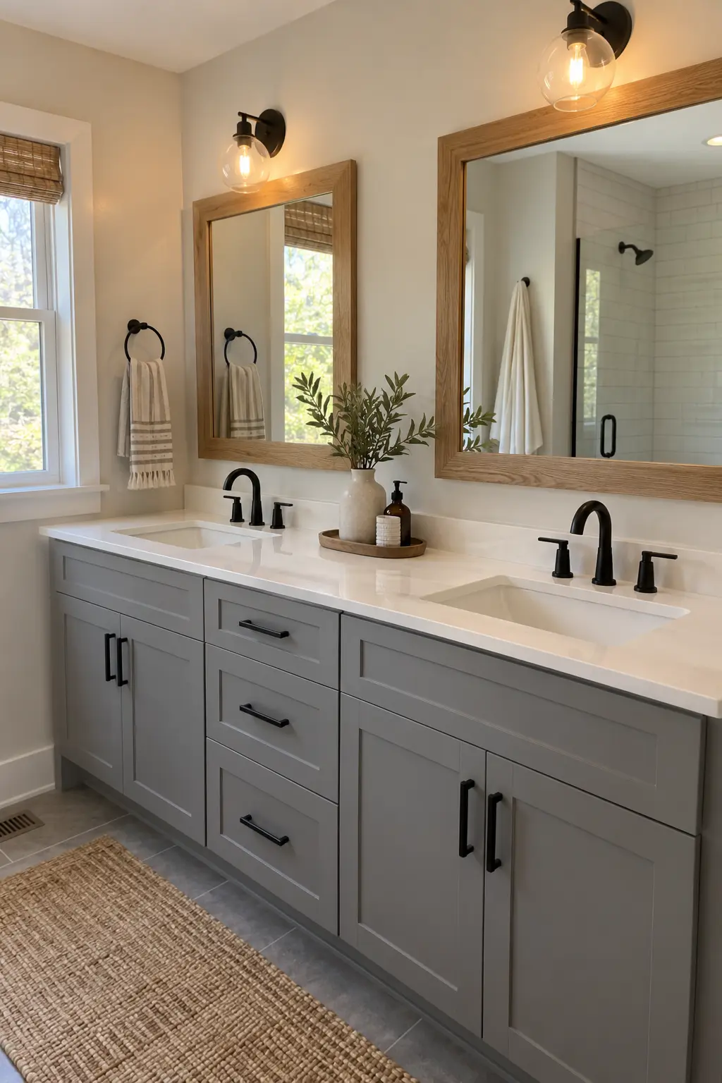 Prefab double vanity refreshed with new hardware, mirrors, and lighting