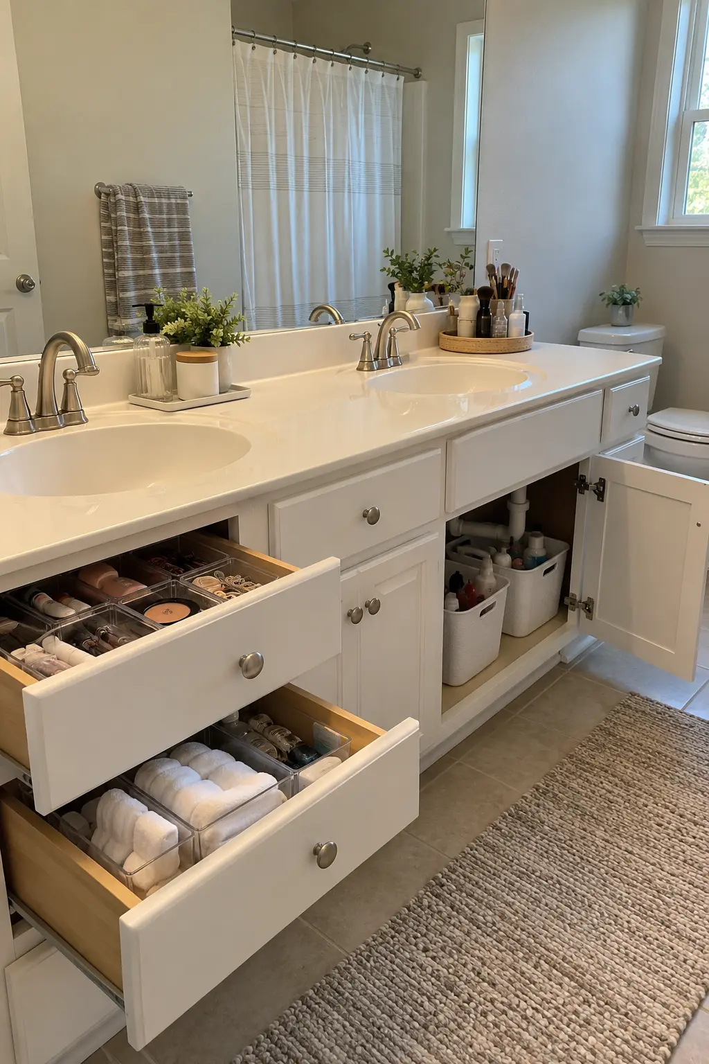 Rental bathroom double vanity organized with removable bins and trays
