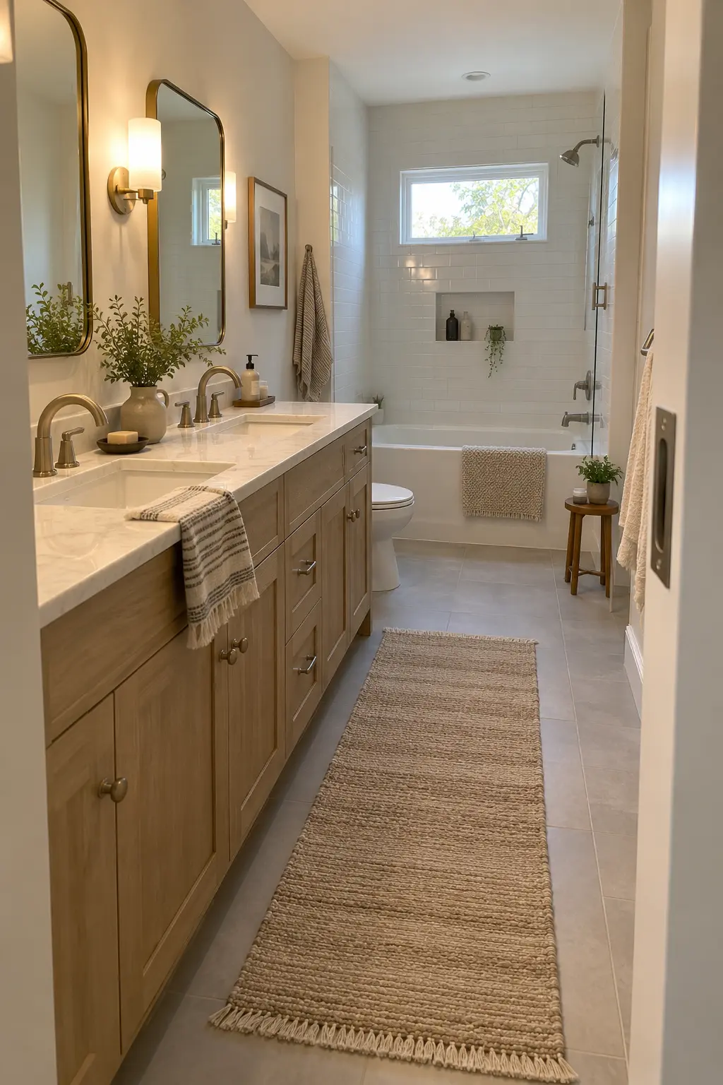Compact bathroom with a shallow double vanity along the longest wall
