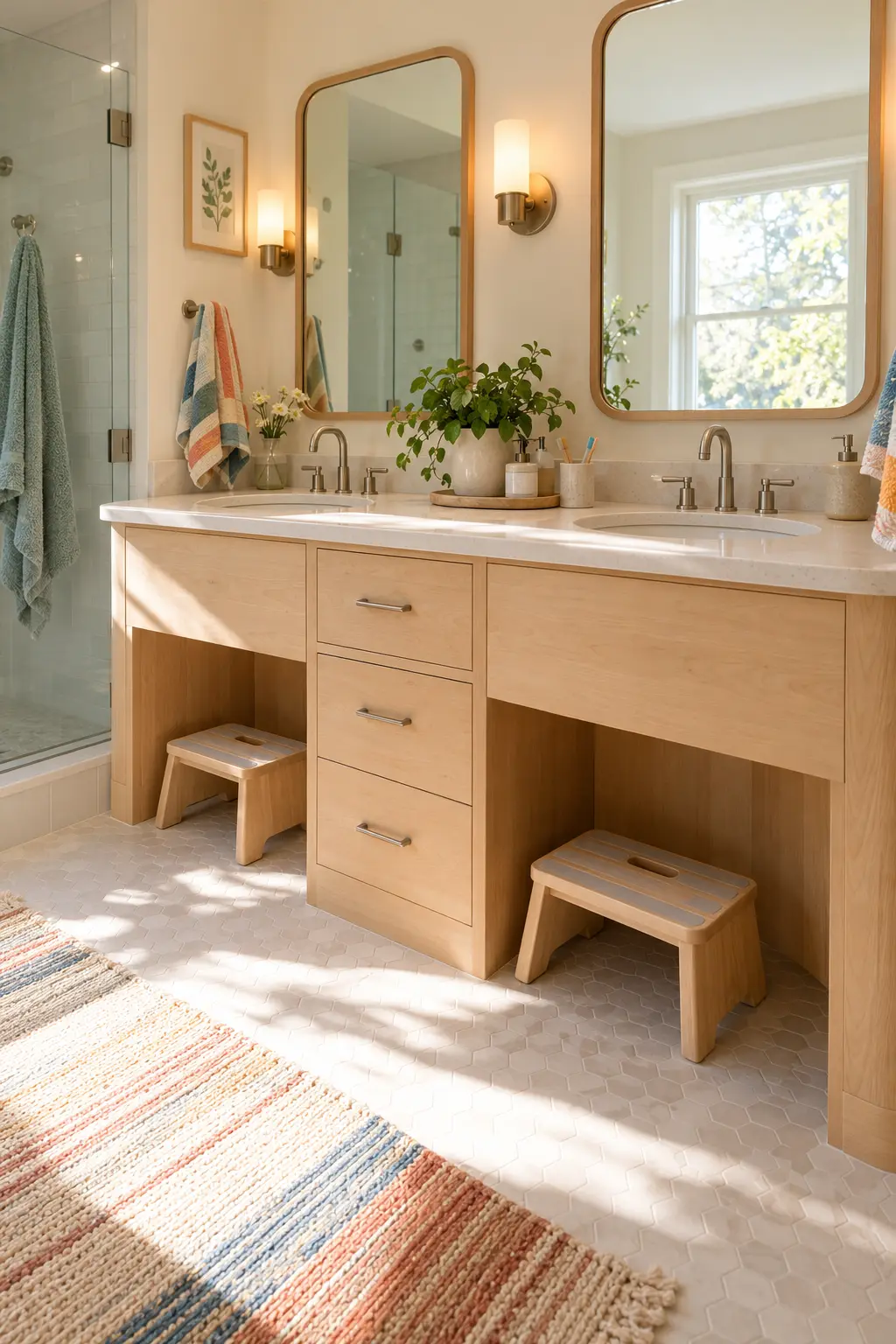 Family double vanity with two step stools stored under open toe spaces