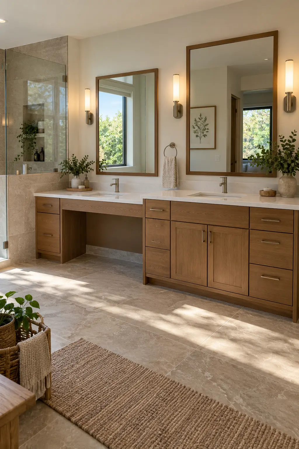 Double vanity with one lowered open-knee sink station and one standard station